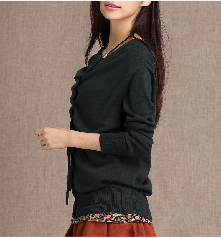 一衣江南 2015春季女装新款宽松低领前后两穿抽绳长袖针织毛衣开衫K009 姜黄/秋香绿 M