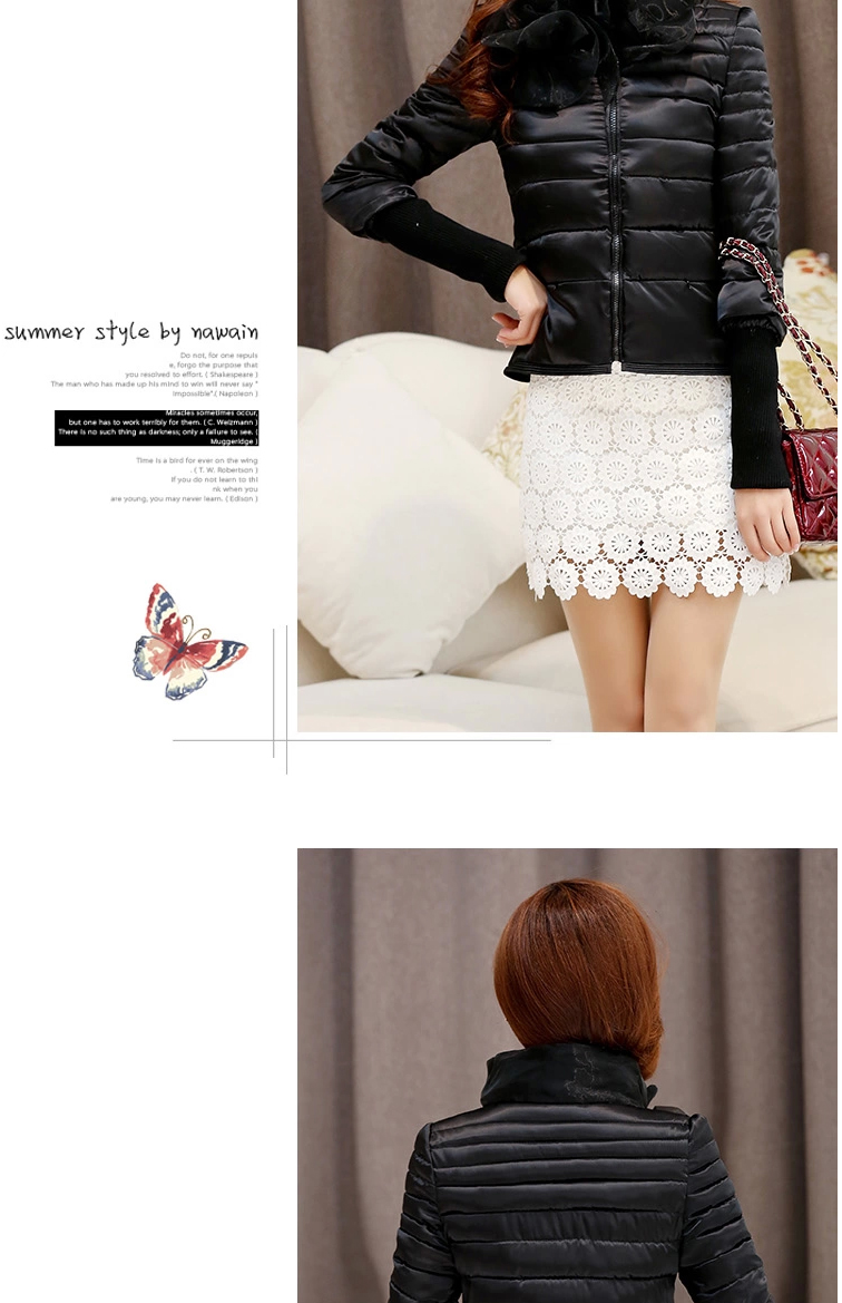 初闻兮 短外套女 2014冬季新款韩版淑女棉衣花朵欧根纱棉服小棉袄加厚棉衣短外套女 百搭黑 M