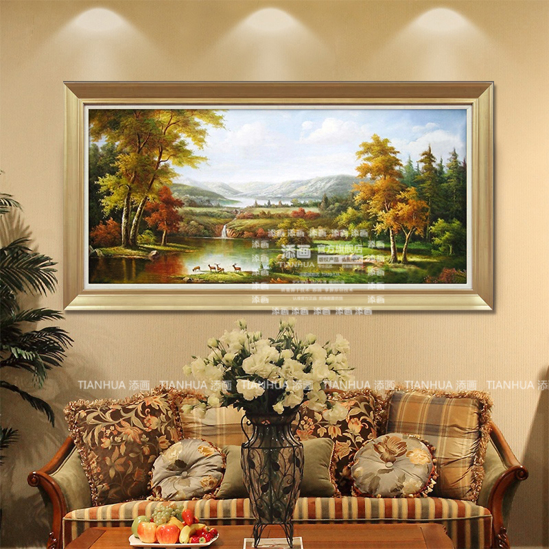 
                                        添画（TIANHUA） 添画 客厅风景山水手绘油画欧式风格沙发顶挂画装饰画 暗金画框 70*140CM                