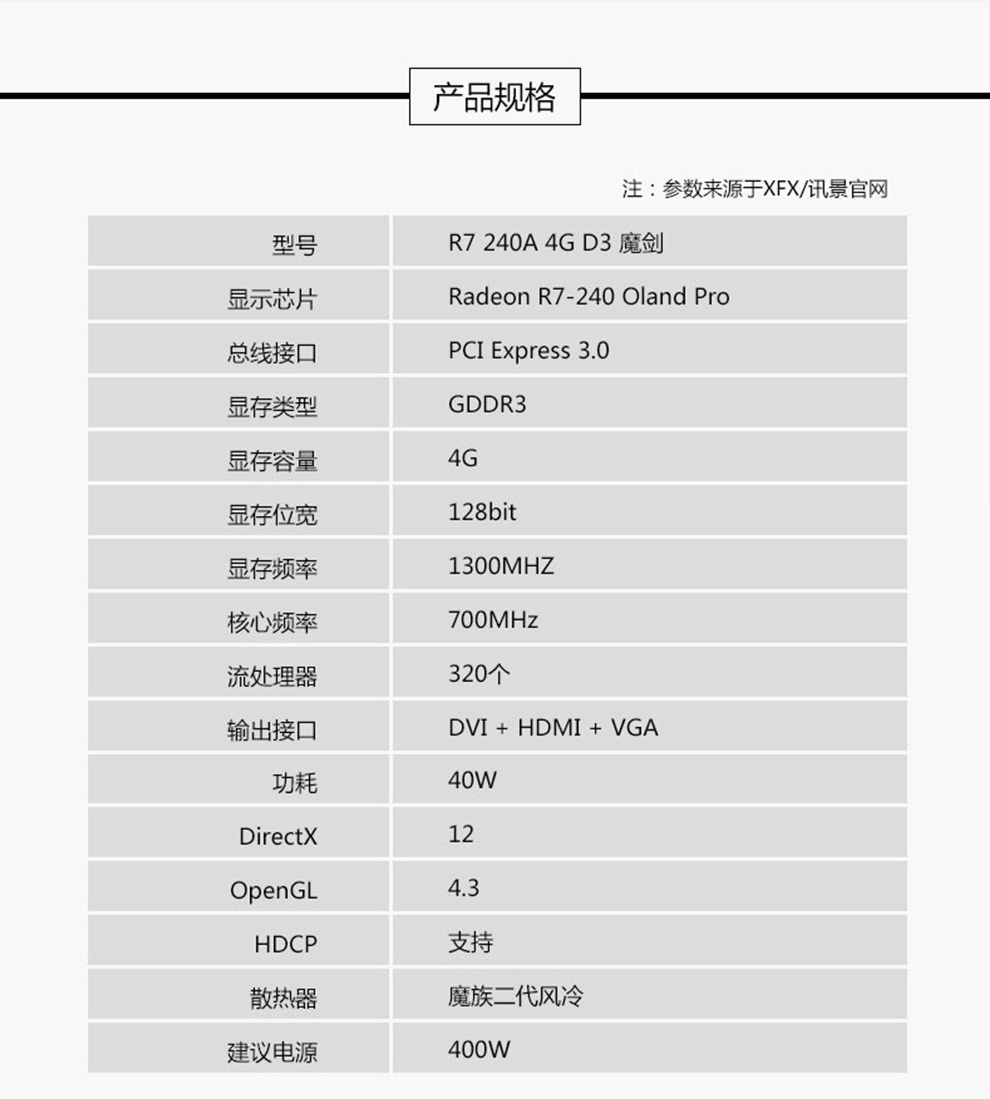 讯景(xfx) r7 240a 4g d3 魔剑 大显存 4g lol cf 游戏显卡