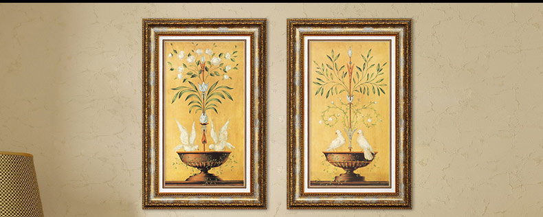 简一画廊 美式客厅沙发背景墙装饰画欧式有框壁画室内双联挂画玄关画走廊过道挂画 茶花与鸽 欧花金+小麻金框(A款画芯)50*90
