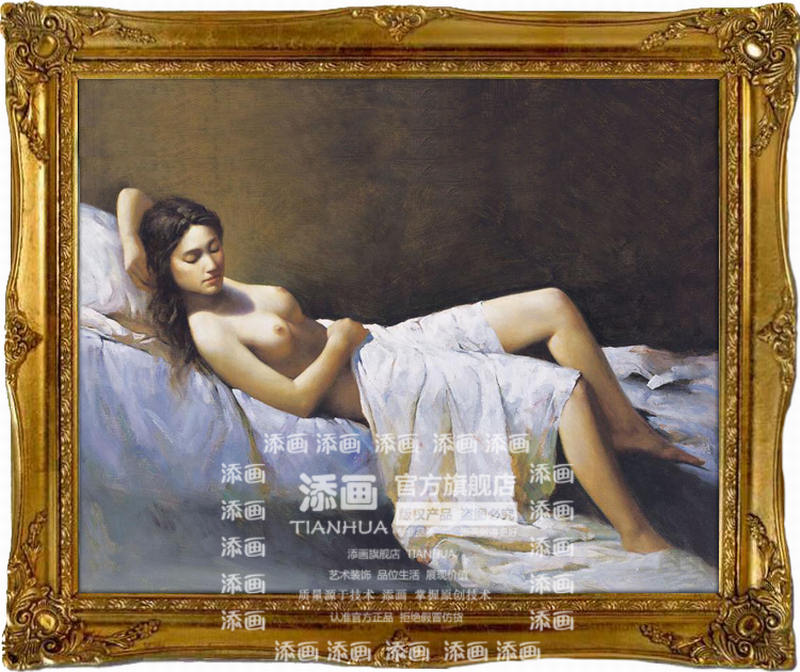 添画 欧式纯手绘油画家居装饰画酒店卧室挂画人体艺术装饰油画 复古金框 70*80CM