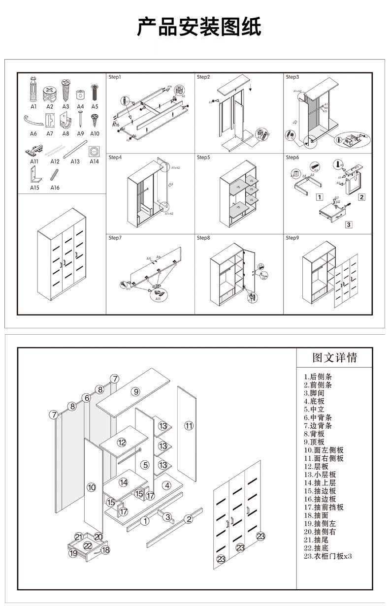 家具 简约现代衣柜卧室烤漆平开门二门三门四门五门六门组装板式储物