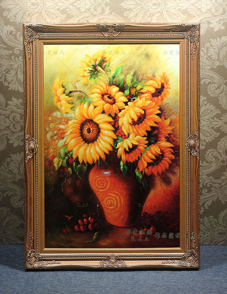 
                                        水竞花卉油画向日葵画玄关挂画竖书房壁画餐厅墙画卧室客厅过道走廊画 P3雅韵金PS框 80*100                