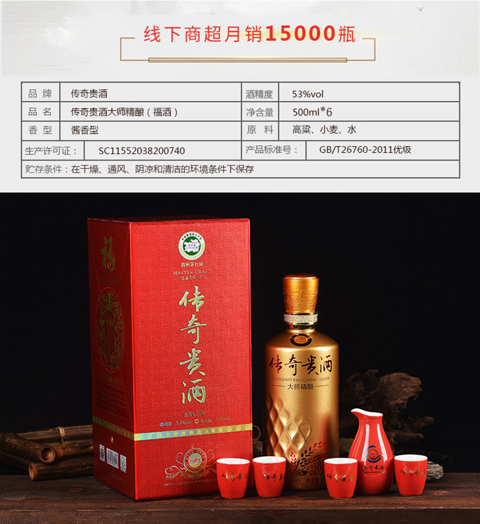 传奇贵酒 贵州名酒大师精酿历久窖藏酱香型500ml白酒礼盒整箱6瓶装