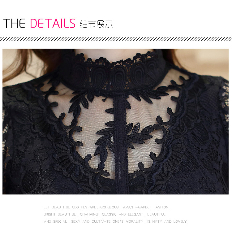 花瓣雨世家  2015秋冬女装立领网纱打底衫长袖蕾丝衫上衣修身小衫加绒1941 黑色加绒 M
