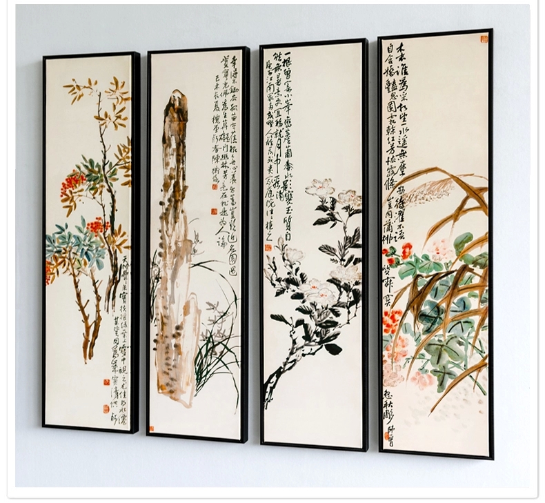 贝占风格 幽林芳意 新中式古典有框画四联客厅装饰画玄关挂画沙发背景墙画 C 33*123