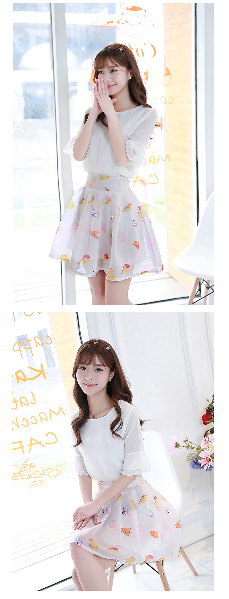 花孜语2015夏装新款女装韩版大码修身雪纺衫圆领短袖蕾丝衫XFS51016 上衣+粉红半身裙 XL