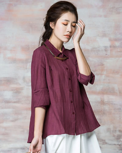 蒲牌衬衫2015秋女大码女装衬衣刺绣苎麻长袖衬衫 深红色 M