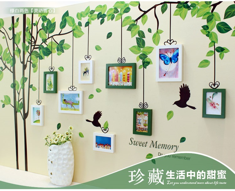 子轩TF630T绿林飞鸟墙贴配简约实木照片墙 厂家直销 绿白两色灵动画心