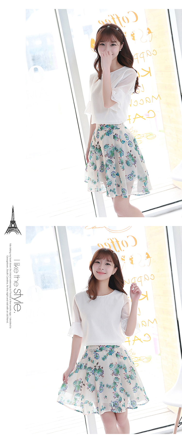 花孜语2015夏装新款女装韩版大码修身雪纺衫圆领短袖蕾丝衫XFS51016 上衣+粉红半身裙 XL