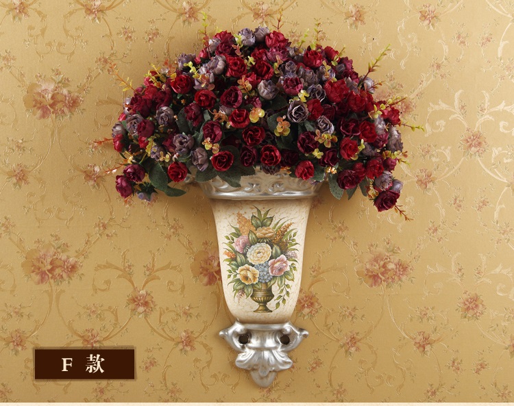 
                                        欧式陶瓷壁挂花瓶花插壁饰墙饰田园家居墙壁装饰品客厅背景墙挂饰ZYY H款花瓶带花                