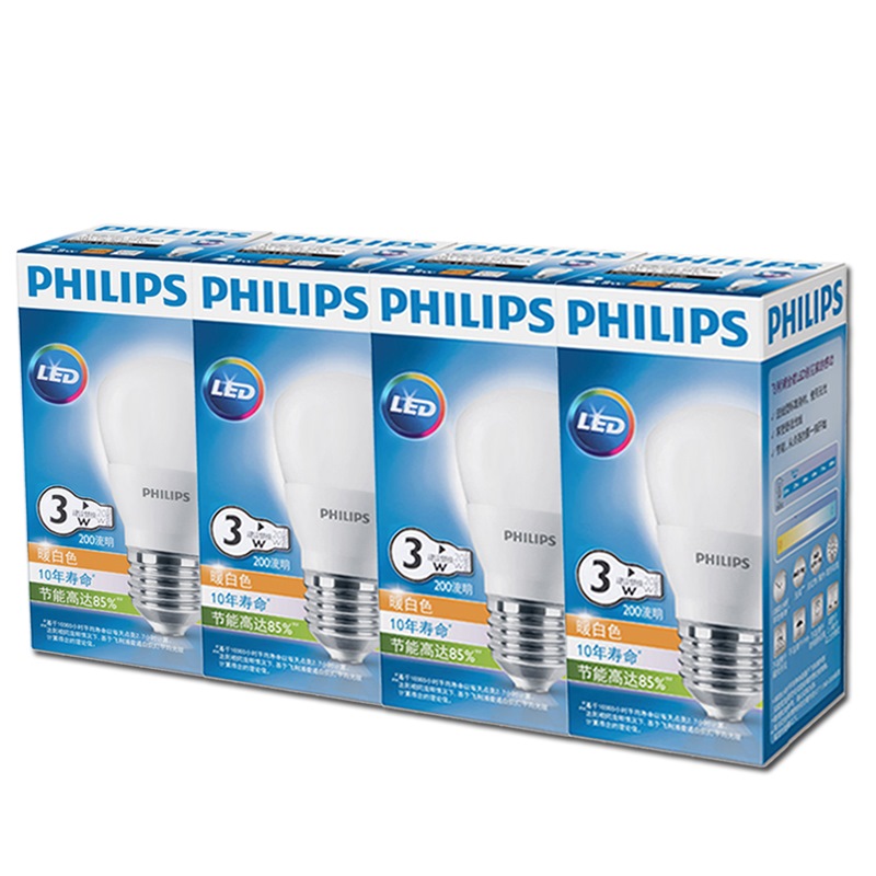 飞利浦(PHILIPS) LED灯泡 球泡 3W E27大螺口 3000k 黄光 四连包