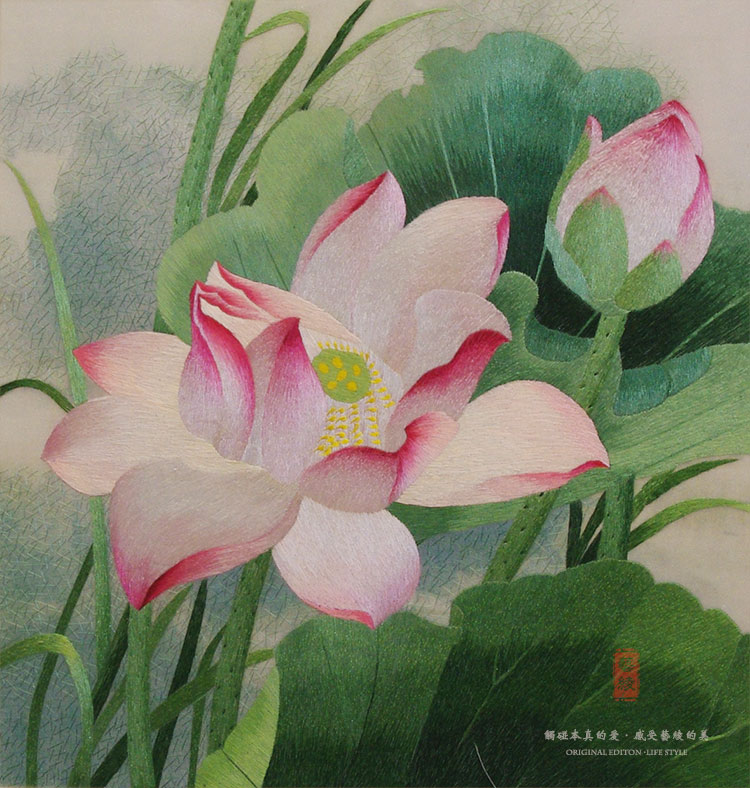 
                                        艺绫手工刺绣 一抹夏荷 现代荷花苏绣画 餐厅装饰画 过道挂画 进门玄关壁画 现代欧式工艺画                