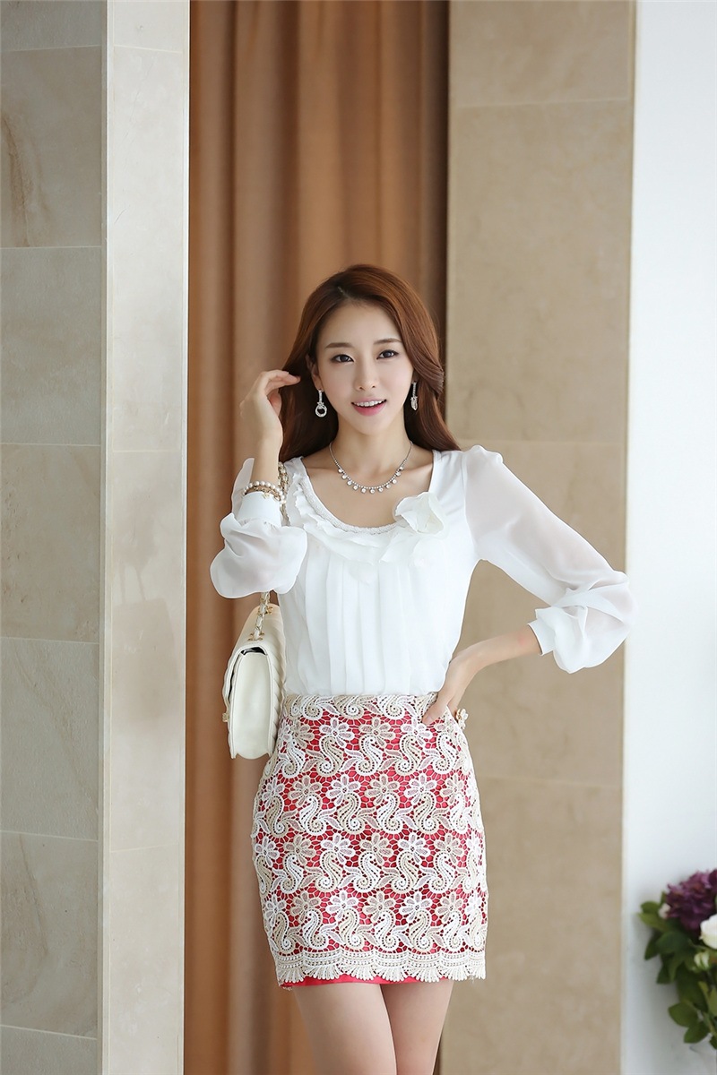玉瓦 2015夏季韩版女装蕾丝花边通勤中长款半身裙2244 图片色 XL
