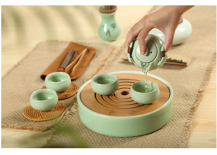 朴家日式茶盘 干泡台 陶瓷茶盘功夫茶具陶瓷茶海储水式重竹茶盘