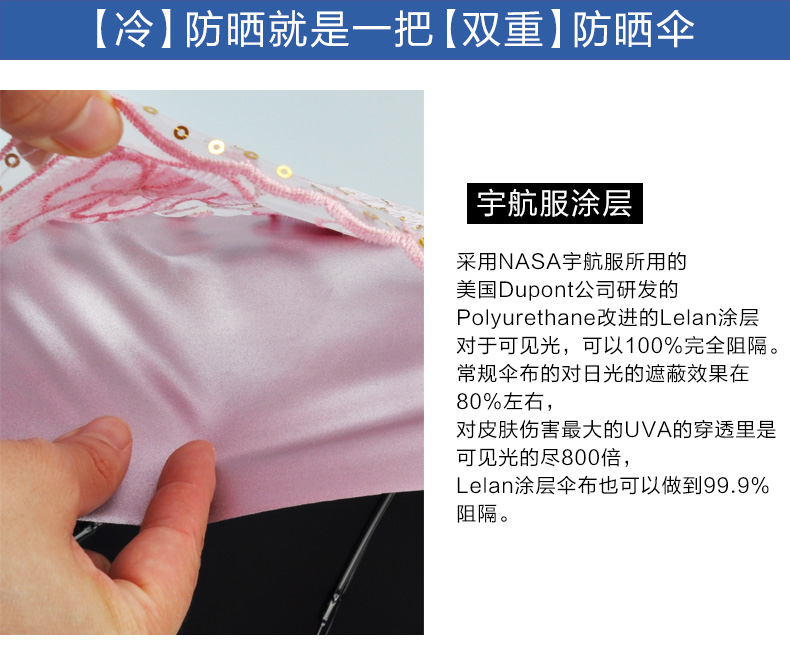 
                                        乐蓝女士手工刺绣金色伞骨黑胶遮阳伞防晒二折蕾丝公主户外晴雨伞太阳伞17 灰色                