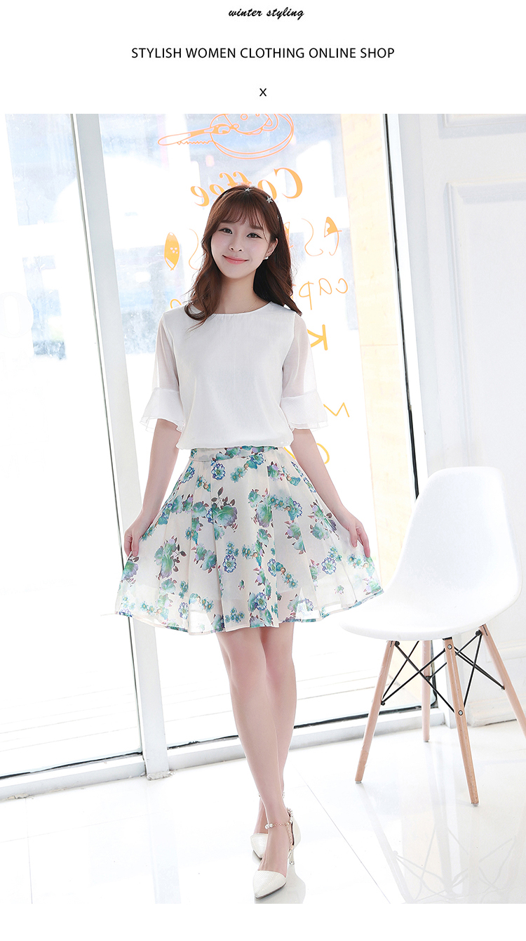 花孜语2015夏装新款女装韩版大码修身雪纺衫圆领短袖蕾丝衫XFS51016 上衣+粉红半身裙 XL