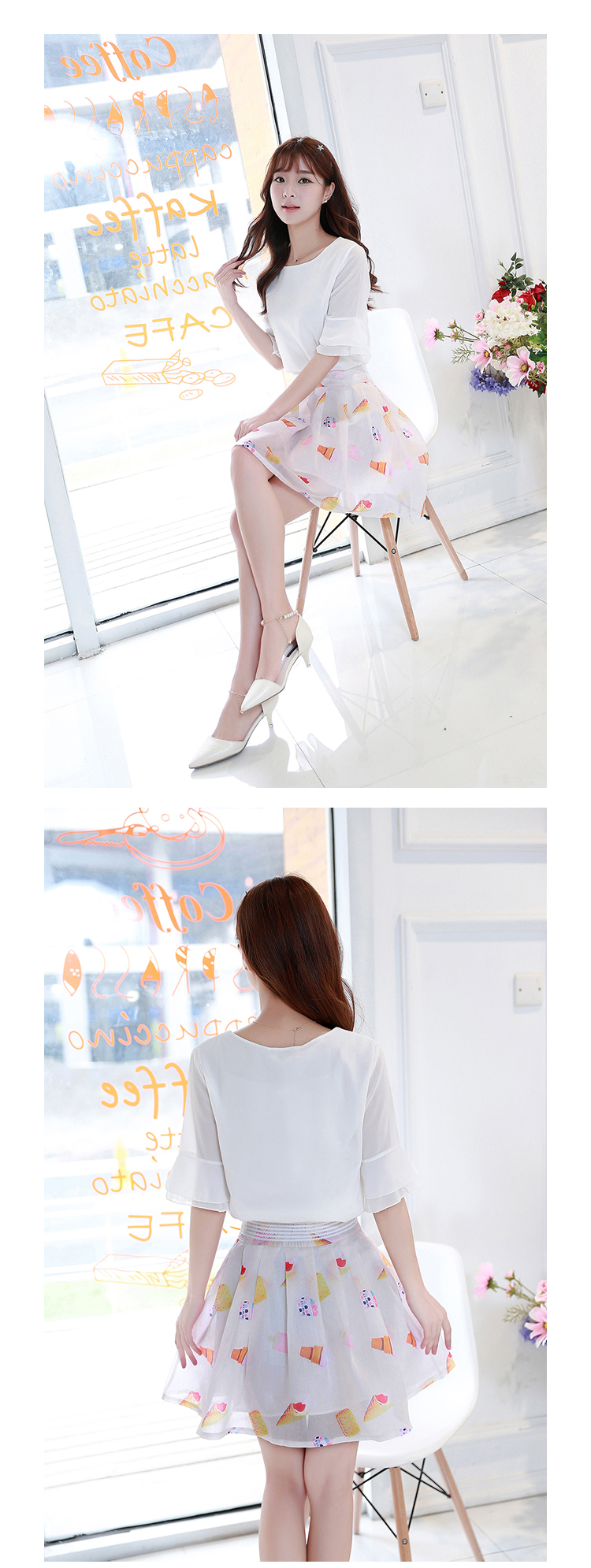 花孜语2015夏装新款女装韩版大码修身雪纺衫圆领短袖蕾丝衫XFS51016 上衣+粉红半身裙 XL