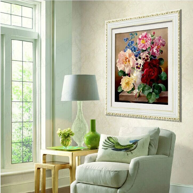 皇室珍品蒙娜丽莎十字绣花瓶红玫瑰风景花卉油画风格春娇百媚新款客厅画 3股绣 丝线大版 全绣 绣布尺寸 60x70厘米