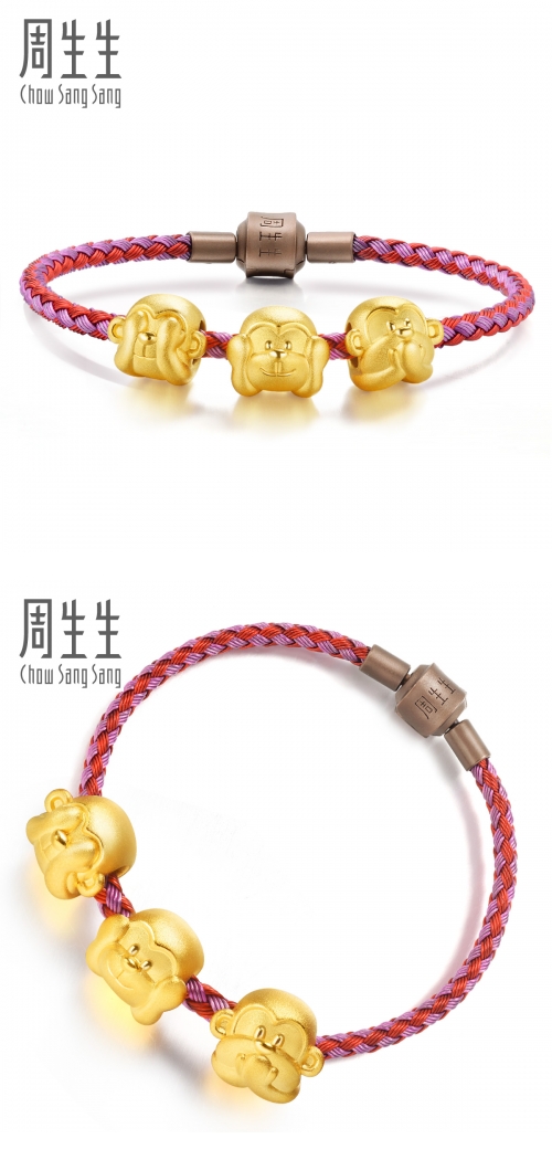 周生生足金charme串珠三不猴随心所欲 做自己黄金转运珠男女金珠手串