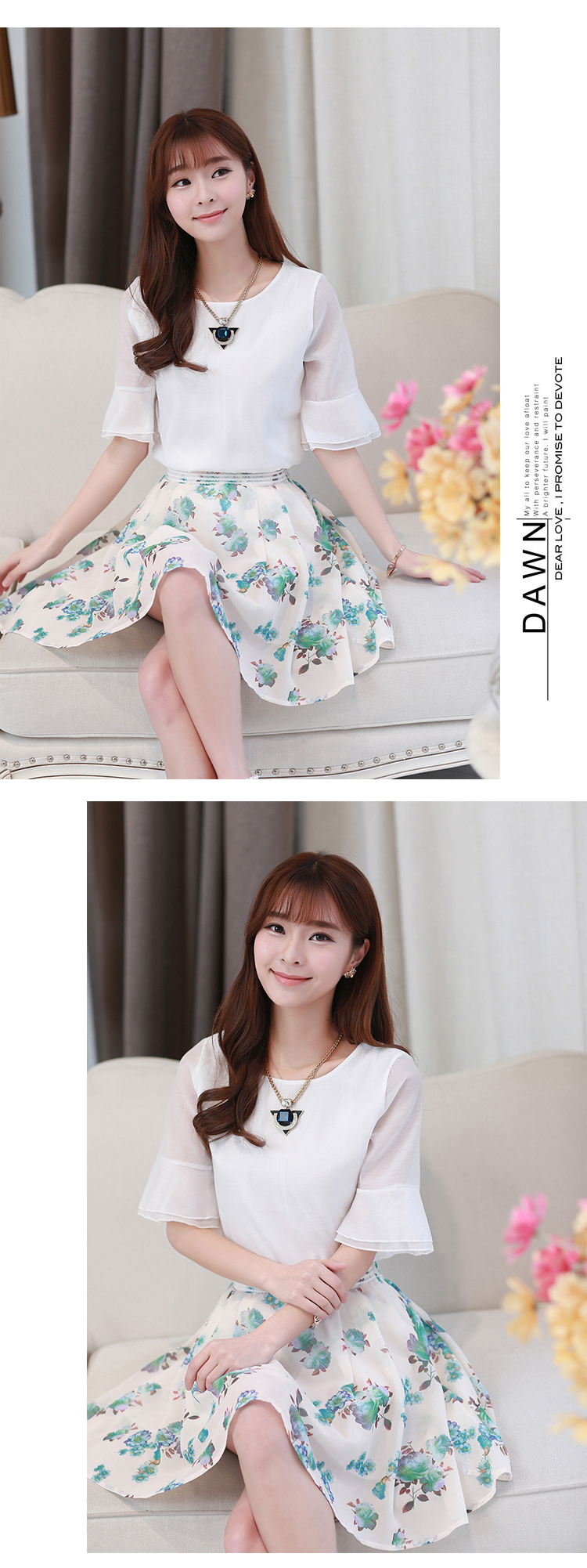 花孜语2015夏装新款女装韩版大码修身雪纺衫圆领短袖蕾丝衫XFS51016 上衣+粉红半身裙 XL