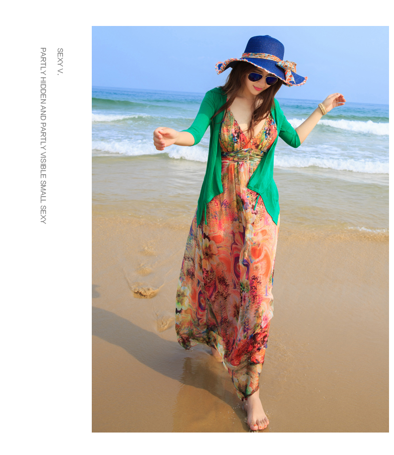 夏提纳 2015夏V领性感钉珠波西米亚雪纺度假显瘦沙滩长裙吊带连衣裙女DS8619 花色 S