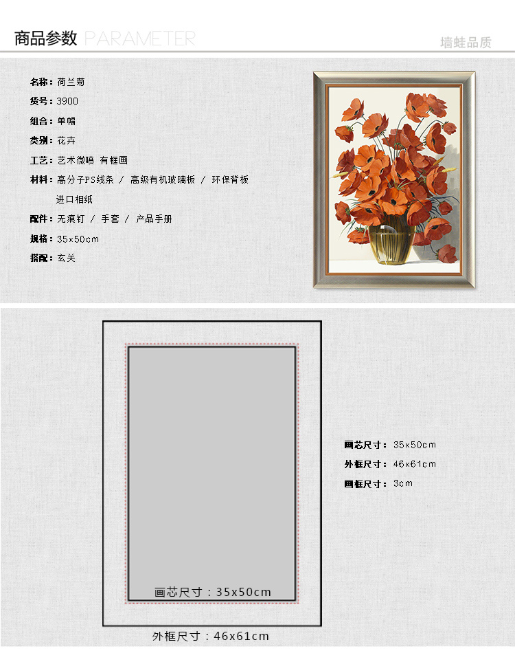 墙蛙wallwa 平安花 现代简约欧式挂画客厅玄关过道壁画有框画花卉装饰画