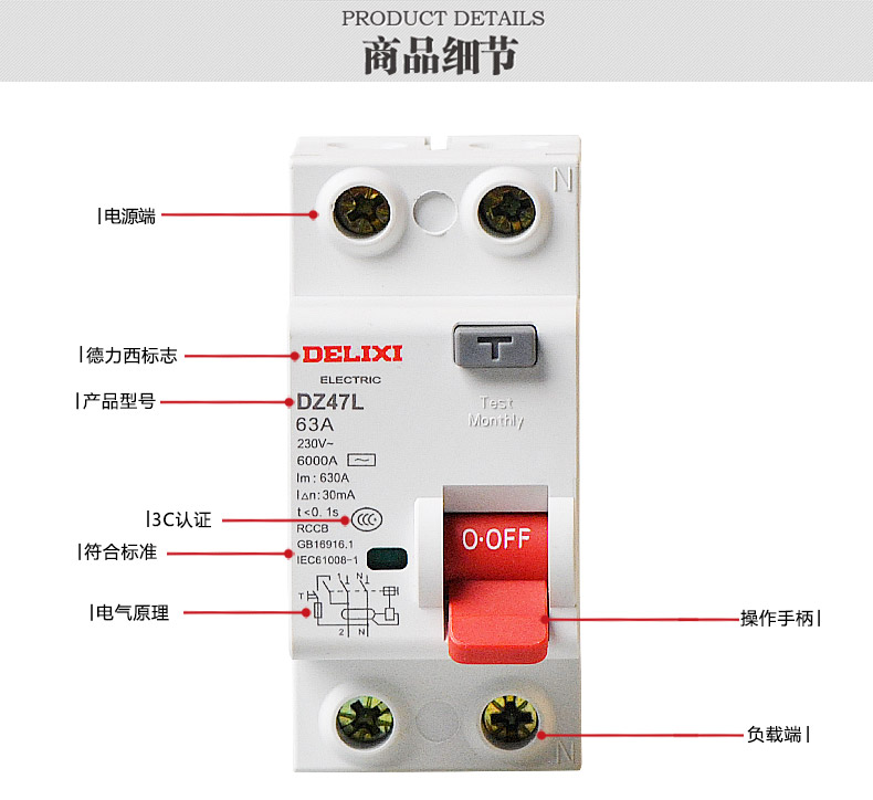 德力西漏电保护器dz47l 2p 63a漏电开关 220v家用漏电断路器空开 2p