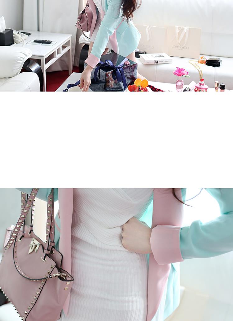 米菲妮2015春款撞色修身甜美糖果色ol小西装外套韩版春秋女 天蓝色(送丝巾) XL