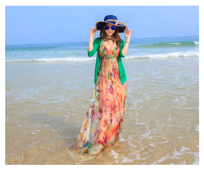 夏提纳 2015夏V领性感钉珠波西米亚雪纺度假显瘦沙滩长裙吊带连衣裙女DS8619 花色 S