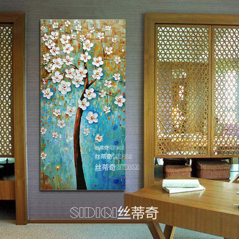 
                                        丝蒂奇SIDIQI手绘欧式玄关油画现代家居挂画走廊时尚有框装饰画 抽象竖版壁画发财树 欧式雕花金外框 宽80*高150                