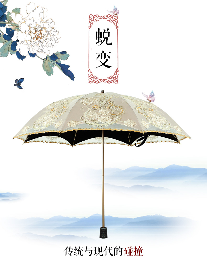 
                                        乐蓝女士手工刺绣金色伞骨黑胶遮阳伞防晒二折蕾丝公主户外晴雨伞太阳伞17 灰色                