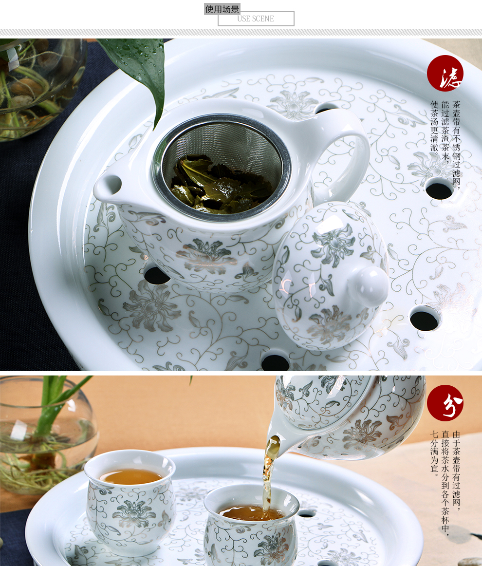 闽毓 茶具套装特价促销 双层陶瓷功夫茶具套装促销带茶盘隔热 水点桃花