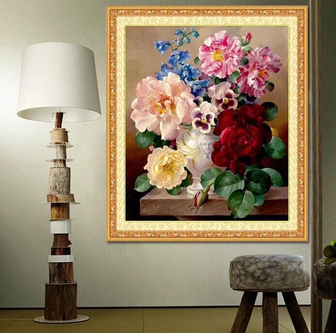 皇室珍品蒙娜丽莎十字绣花瓶红玫瑰风景花卉油画风格春娇百媚新款客厅画 3股绣 丝线大版 全绣 绣布尺寸 60x70厘米