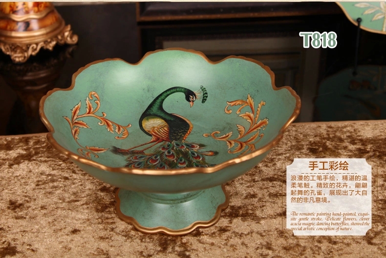 
                                                            蒂拉美式乡村陶瓷果盘 装饰水果盘摆件客厅欧式复古装饰品摆件 绿底孔雀果盘                
