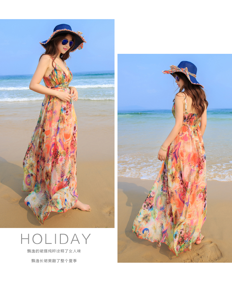 夏提纳 2015夏V领性感钉珠波西米亚雪纺度假显瘦沙滩长裙吊带连衣裙女DS8619 花色 S