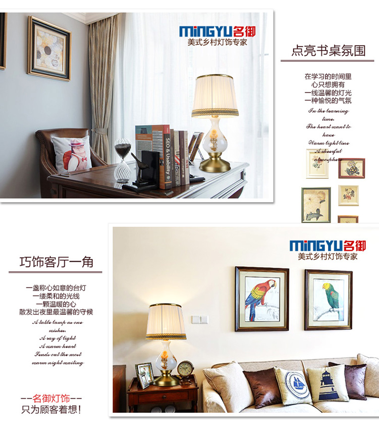 名御美式创意 装饰灯 客厅书房欧式全铜精美丝印玻璃台灯W5014 铜台灯+配5W白光LED光源