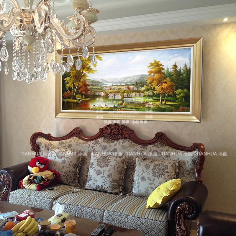 
                                        添画（TIANHUA） 添画 客厅风景山水手绘油画欧式风格沙发顶挂画装饰画 暗金画框 70*140CM                