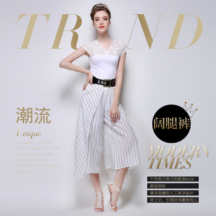 梵蔻欧洲站2015夏季新款时尚大牌气质条纹 阔腿裤 高腰九分裤821 黑色 L