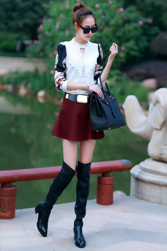 婉洛2015秋季新款女装立体图案修身打底长袖T恤女 GD9567 酒红色 M