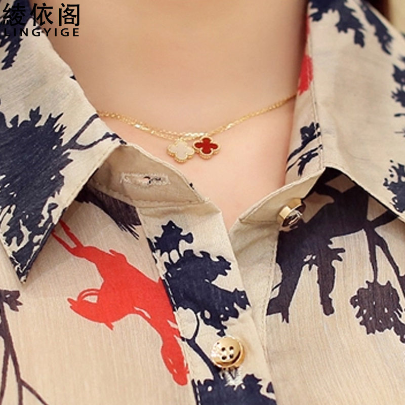 妙孜2015夏季新款 翻领印花雪纺上衣短裤女装两件套时尚休闲套装女 白色 L