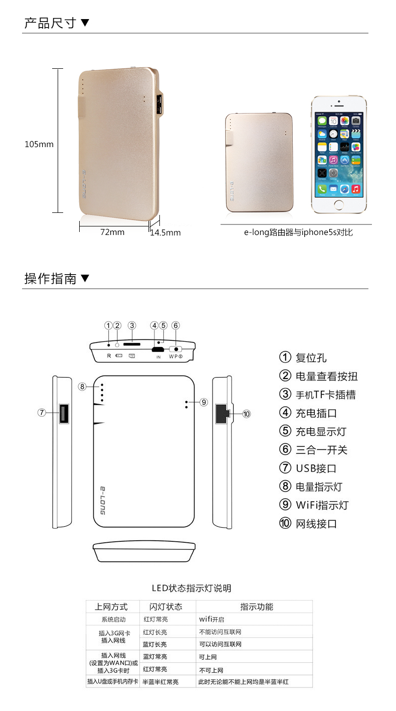 e-long 6000毫安 3g无线wifi路由器移动电源充电宝 聚合物电芯 蓝色