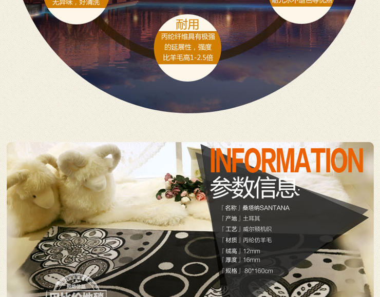 巴比伦（babylon）进口客厅仿羊毛厨房阳台卫浴卧室床边地毯 2047A 800MMx1600MM