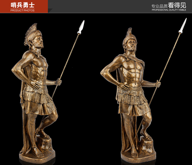 
                                        欣润玄关摆件客厅欧式人物雕塑装饰品小摆件艺术品摆设 迎击勇士 古铜 高 34CM 矛高 40CM                