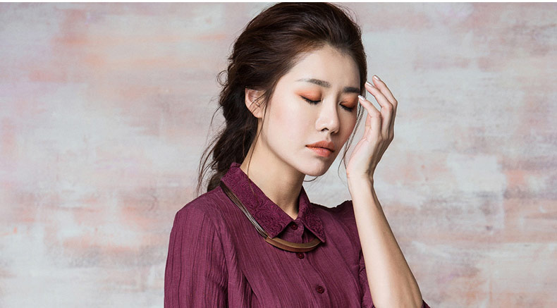 蒲牌衬衫2015秋女大码女装衬衣刺绣苎麻长袖衬衫 深红色 M