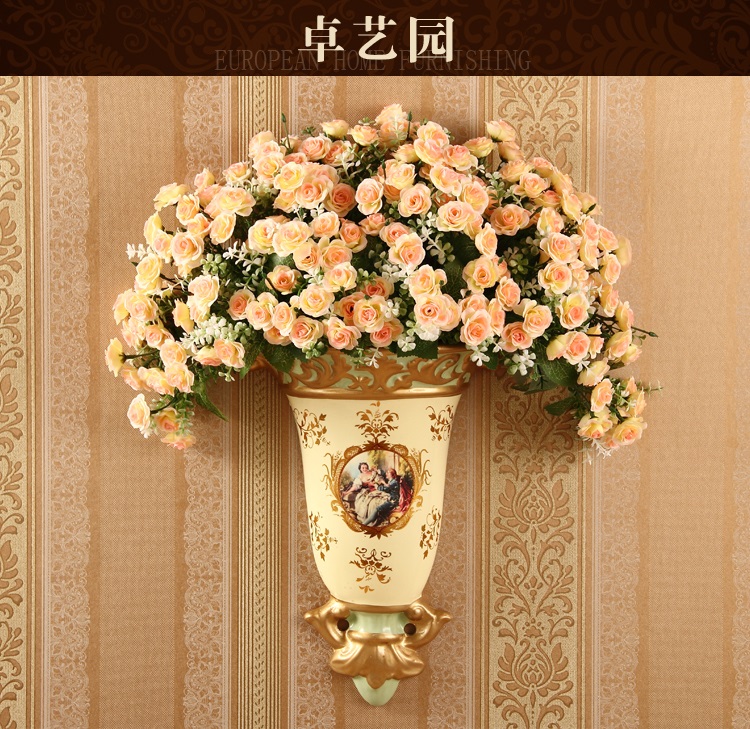 
                                        欧式陶瓷壁挂花瓶花插壁饰墙饰田园家居墙壁装饰品客厅背景墙挂饰ZYY H款花瓶带花                