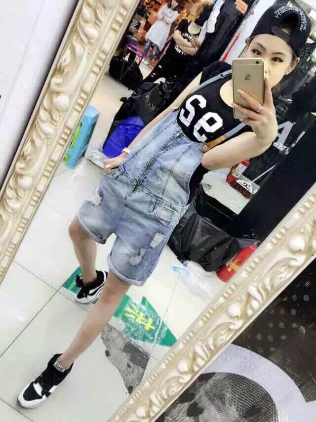 胧田雅织时尚潮流百搭拉链洗水牛仔背带裤 蓝色 L