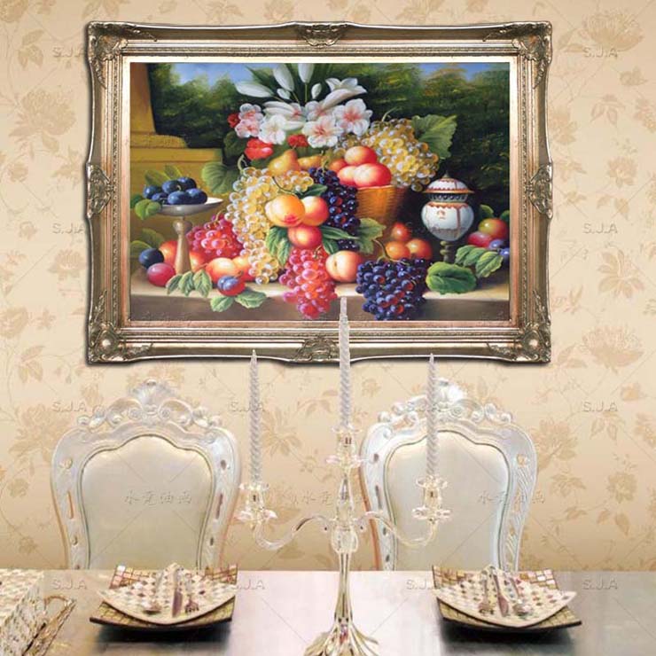 
                                        水竞欧式油画餐厅装饰画饭厅静物水果画古典挂画横幅壁炉壁画 W2古韵金实木画框 100*80                