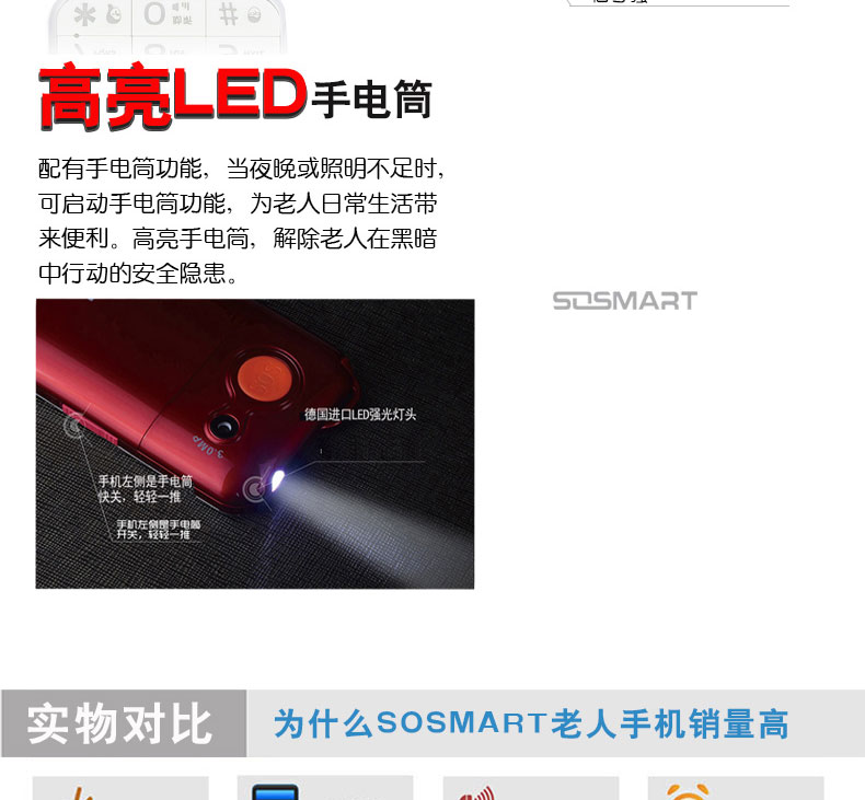 智吉（SOSMART） E609 移动/联通2G 老人手机 红色 官方标配